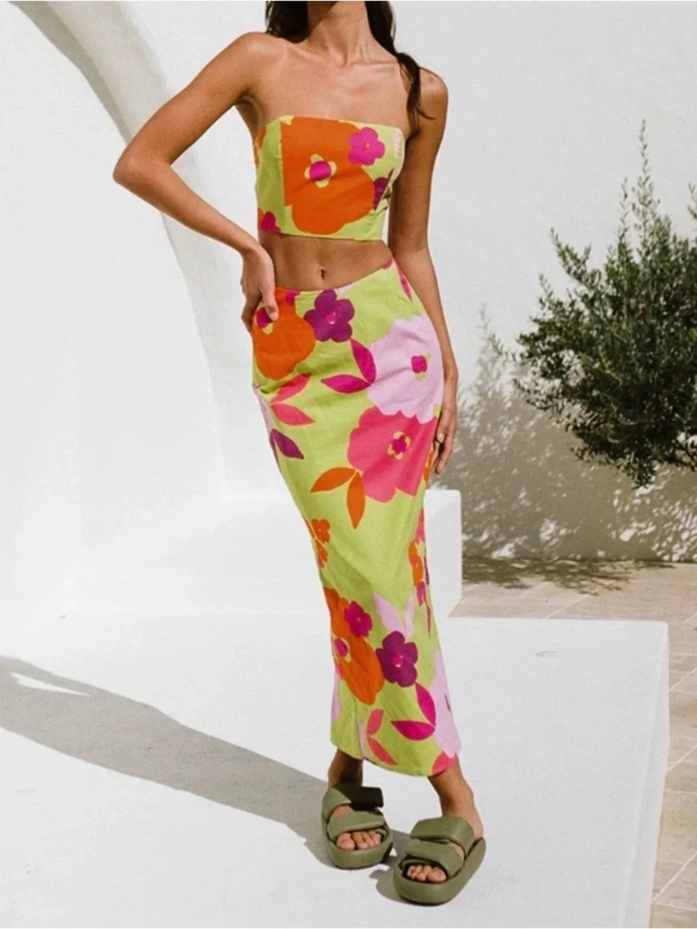 Sabo Skirt Lime Green Floral Strapless Two-Piece Maxi Set